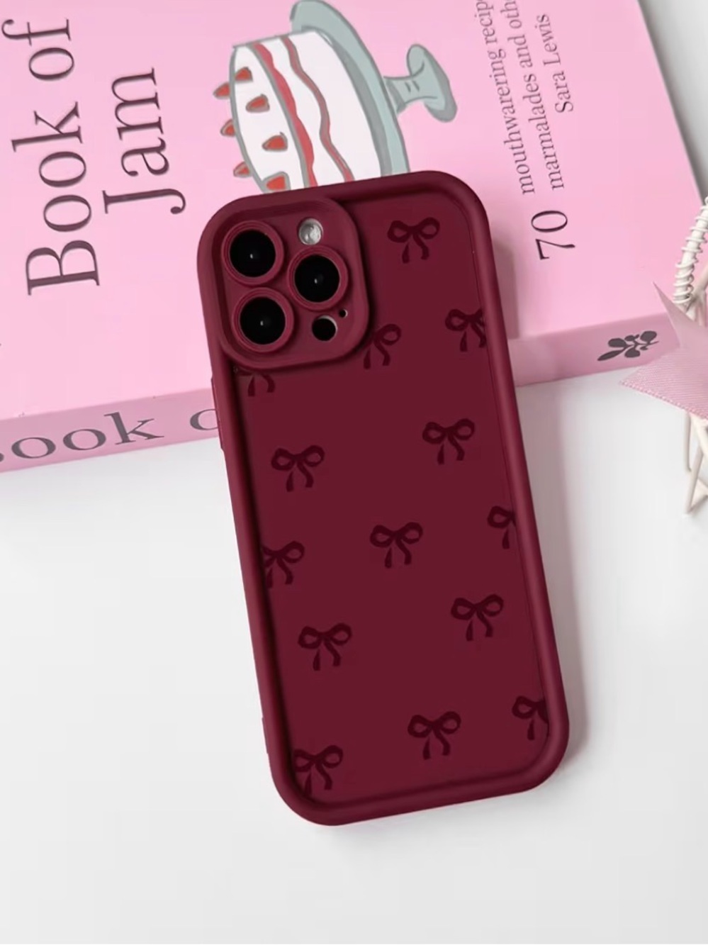 📱iPhone 15 Pro Max case stylish Bow knot ribbon design wine Red shockproof